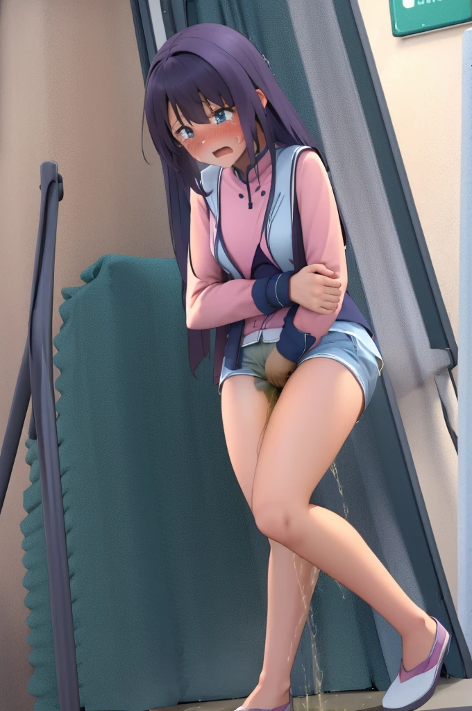 Peeing self, Have to pee, Anime, looking at camera, embarrassed, blush, pee stain, pee stain on skirt, peeing, yellow pee, tears, crying, out of breath, sweating, blue eyes, purple hair, one girl, no diaper