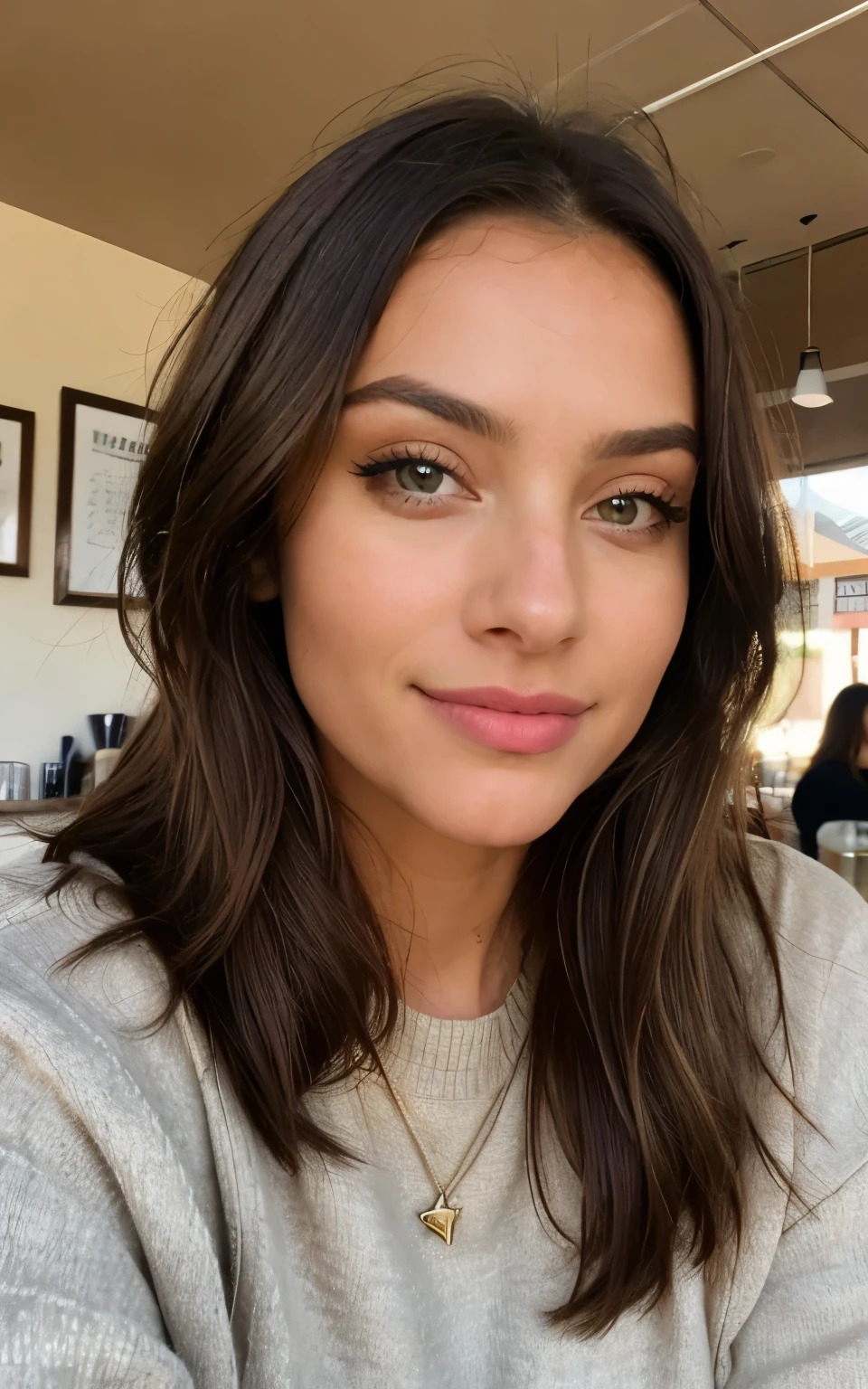 Beautiful brunette with blonde highlights wearing a beige sweater (In a café drinking soda), Very detailed, 22 anos, Rosto inocente, cabelos ondulados naturais, olhos azuis, high resolution, master part, best quality, Alto detalhe intrincado, altamente detalhado, Crisp Focus, pele detalhada, textura de pele realista, textura, olhos detalhados, profissional, 4k, sorriso encantador, filmado na Canon, 85 millimeters, profundidade de campo rasa, Cor Kodak Vision, corpo de ajuste perfeito, extremamente detalhado, fotografia_\(Ultra\), photoreallistic, Realista, Post-processing, maximum details, rugosidade, vida real, Ultra realista, fotorrealismo, fotografia, 8k UHD, fotografia