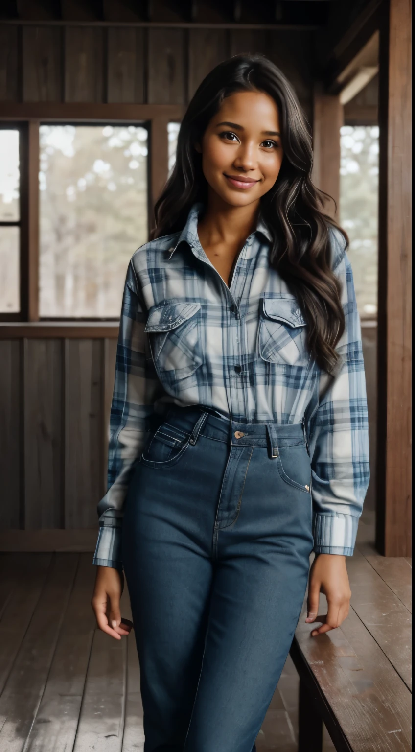 Foto hiperrealista en primer plano de Kelsey Asbille (native American ((light dark skin))) wearing dirty cloths (blue buttoned plaid flannel shirt:1.1) and (blue pants:1.1), (boots:1.2), ranch house interior,  cinematic light, beautiful woman, skinny, large big breasts, black long hair, detailed face, smile, facing the camera, photo taken from a distance, age of 25 years old, camera filter on pastel gray colors,, grey filter on camera, railing day, moody, she is so dirty, has dirty hands and face