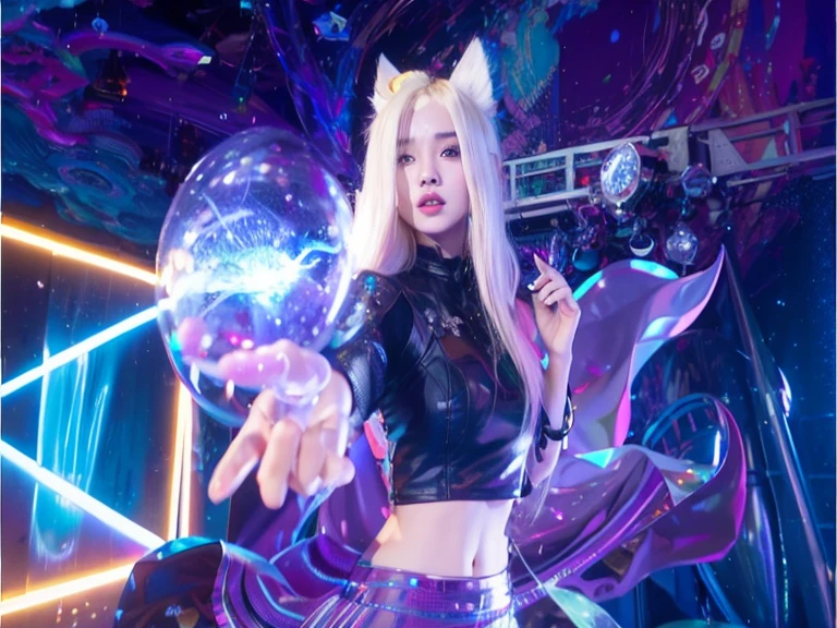 Blonde girl in futuristic outfit holding crystal ball in front of neon background, seraphine ahri Keda, Keda, roseanne park by blackpink, chlorine, cyber universe style, Blackpink Josie&#39;s Portrait, kerli koiv as anime girl, Yoo Lee Ji Eun plays the supervillain, ava max, Doha Cat as Catwoman