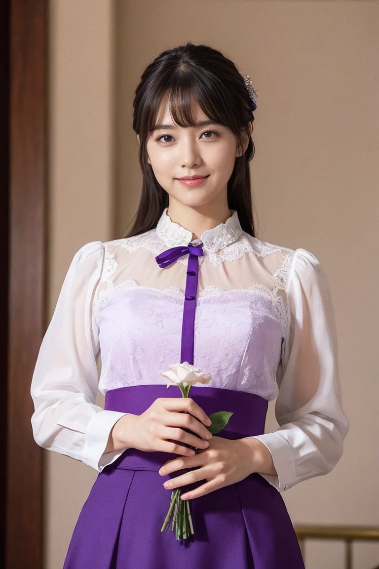 Medium view, medium shot, Depth of bounds written, bust, Upper body, cinematic angle, masterpiece, highest quality, Super detailed, cg, 8k wallpaper, beautiful face, delicate eyes, maiden, alone, smile, bangs, skirt, shirt, have, purple dress, bow, petal, bouquet