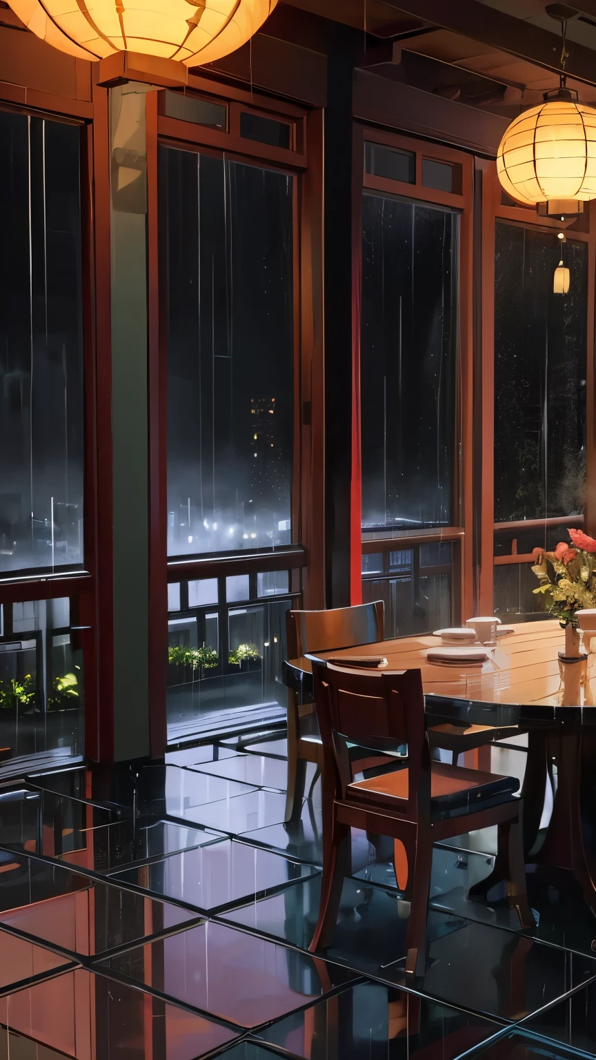 There is a table with candles in the courtyard, old China, rainy day outside, rain outside, rain in the afternoon, rain outside, rainy day inside, rainy scene, rain and dark atmosphere, rainy environment, rainy mood, li zai, rainy environment, rainy day, rainy day, rainy weather, fei danshu, raining outside the window, Ren Xion