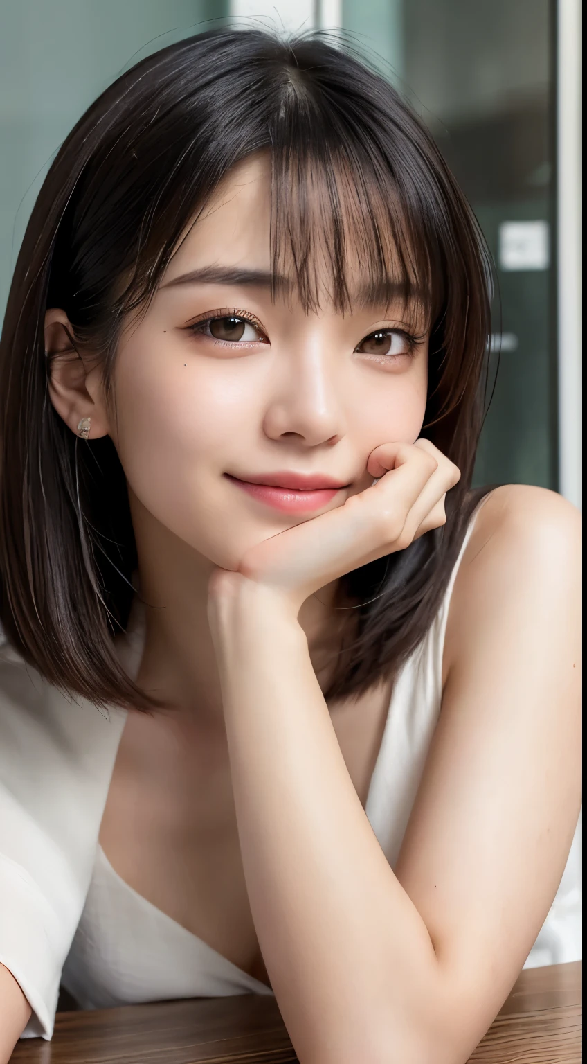 (table top:1.3), High resolution, super detailed, Highly detailed CG Unity 8K wallpaper, realistic, Photoreal, RAW photo, beautiful and detailed face, white skin, realistic glitter skin, fine cloth texture, detailed hair texture, beautiful face, acura, anatomically correct, Highly detailed face and skin texture, natural neck length, (beautiful hands), (Fair skin:1.2), solo、black hair、⦅Long hair blowing in the wind⦆、No bangs、japanese women,20-year-old、detailed eye, symmetrical eyes,Harajuku、Cute realistic photos、(Sit leaning against the table), ((Elbows placed on the table,Gently lift your chin:1.3)),⦅smile1.6⦆look at the camera,smile