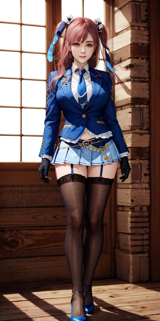 honoka, blue blazer, tie, pleated skirt, one glove, white thighhighs