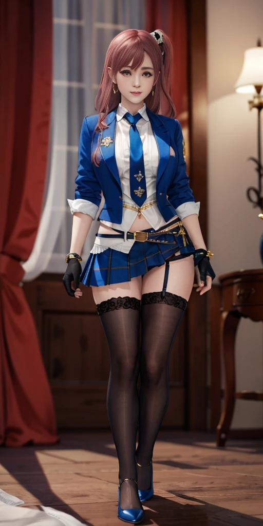 honoka, blue blazer, tie, pleated skirt, one glove, white thighhighs