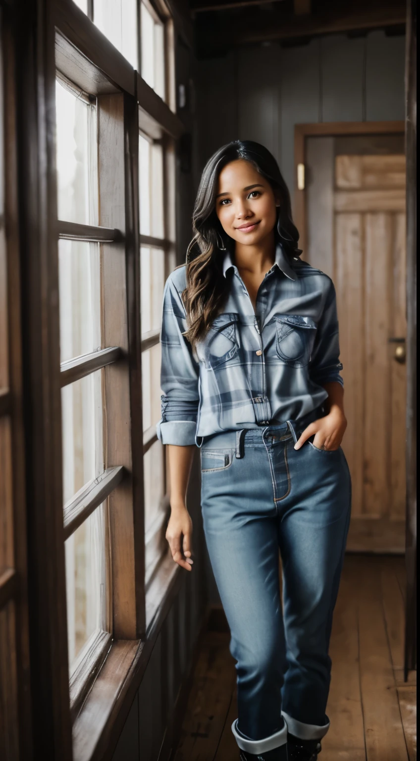 Foto hiperrealista en primer plano de Kelsey Asbille (native American ((light dark skin))) wearing dirty cloths (blue buttoned plaid flannel shirt:1.1) and (blue pants:1.1), (boots:1.2), ranch house interior, livinroom, cinematic light, beautiful woman, skinny, large big breasts, black long hair, detailed face, smile, facing the camera, photo taken from a distance, age of 25 years old, camera filter on pastel gray colors,, grey filter on camera, railing day, moody, she is so dirty, has dirty hands and face