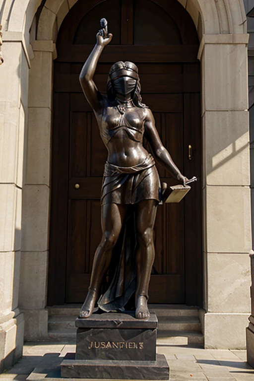 "Goddess of Justice statue bound by chains, symbolizing the corruption of democracy and justice" 