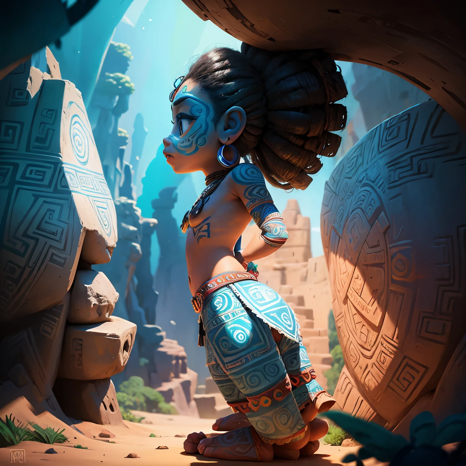 Mayan girl nude aztec totem, side view, disney pixar style, rotated, stylized, right side  