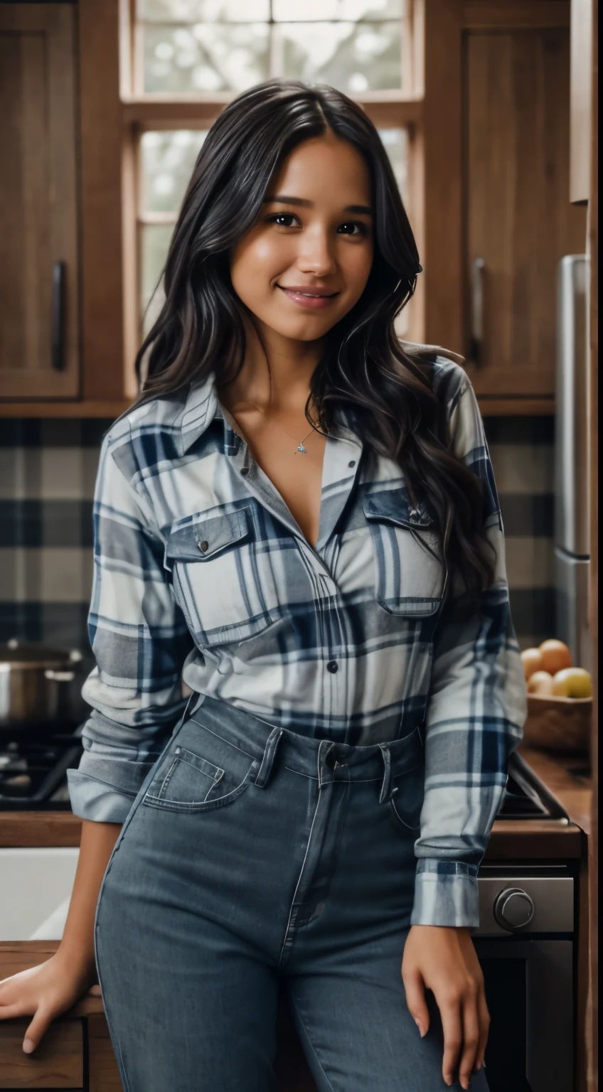 Foto hiperrealista en primer plano de Kelsey Asbille (native American ((light dark skin))) wearing dirty cloths (blue buttoned plaid flannel shirt:1.1) and (blue pants:1.1), (boots:1.2), ranch house interior, kitchen,  cinematic light, beautiful woman, skinny, large big breasts, black long hair, detailed face, smile, facing the camera, photo taken from a distance, age of 25 years old, camera filter on pastel gray colors,, grey filter on camera, railing day, moody, she is so dirty, has dirty hands and face