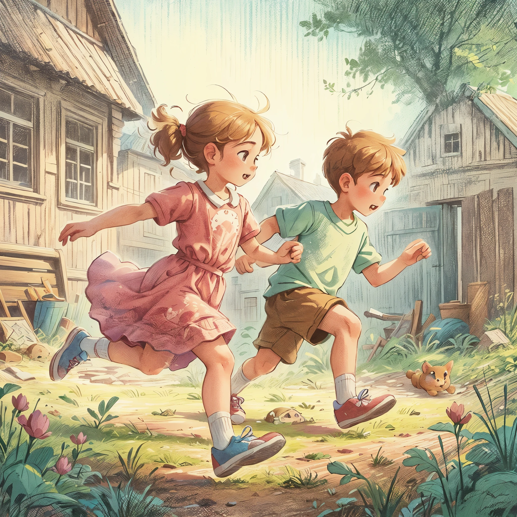 there is a photo of a boy and a girl, running together, illustration for children, children book illustration, Illustration for a collection of short stories, childrenbook illustration, children book illustration, children book illustration, kids book illustration, storybook illustration, Classic children's illustration, kids book illustration, children's illustration, by Igor Grabar, cute storybook illustration, storybook illustation