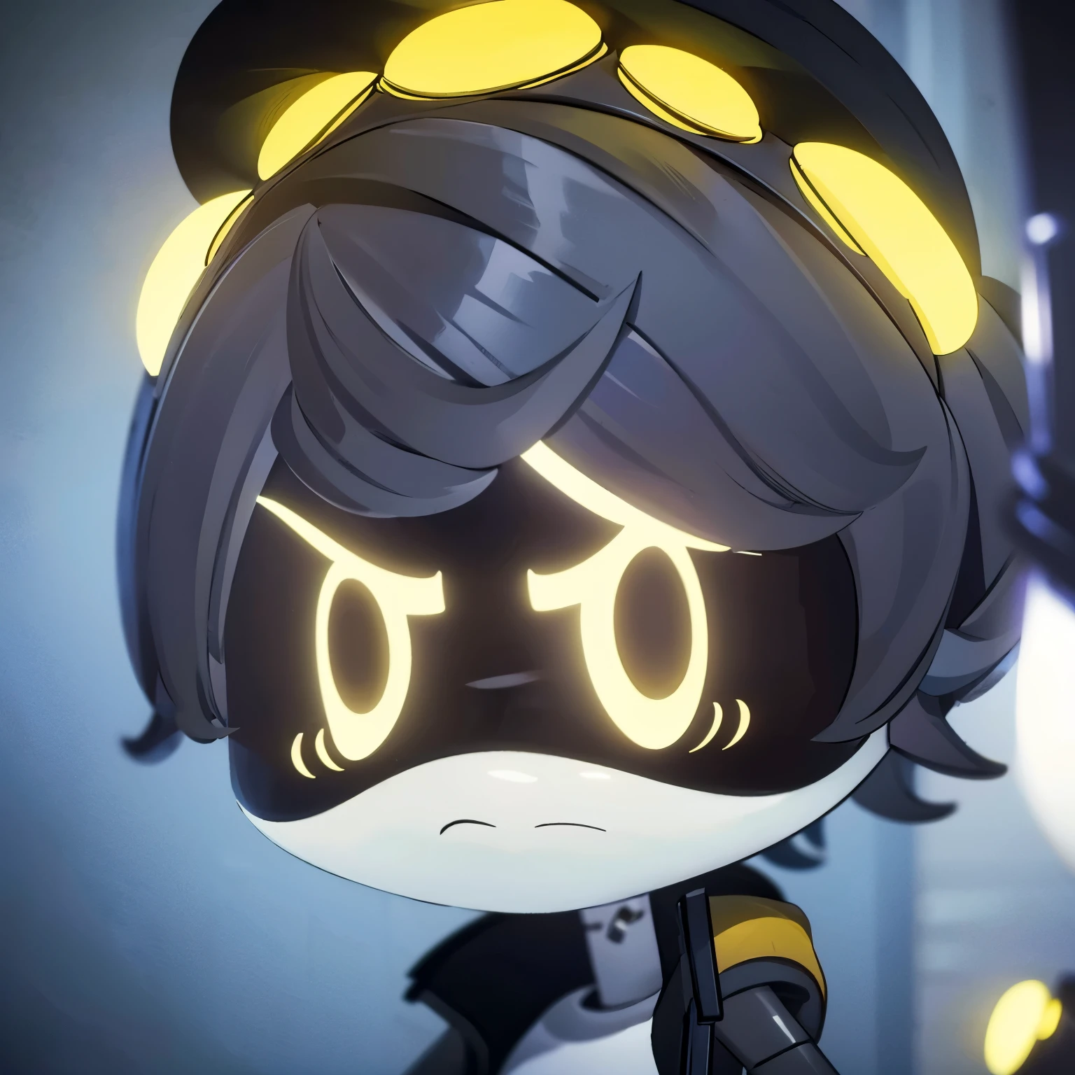 A humanoid boy robot from with weapons with short parted black hair cut as a two block and a white body with yellow and black accents with a frown