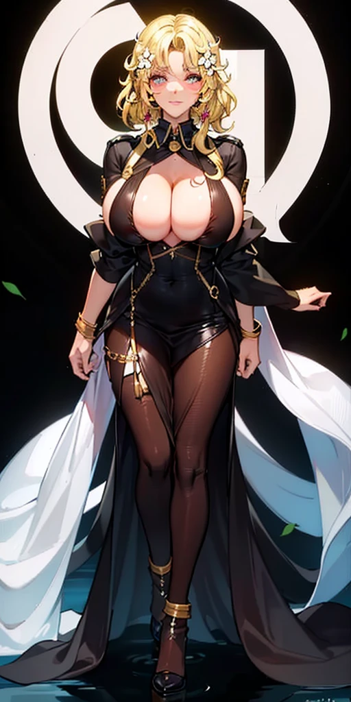1girl, solo, aphroditeS, blond hair, hair ornaments, flowers in hair, huge breasts, white dress, cleavage, neckale, golden bracelets,
masterpiece, best quality, vibrant colors,