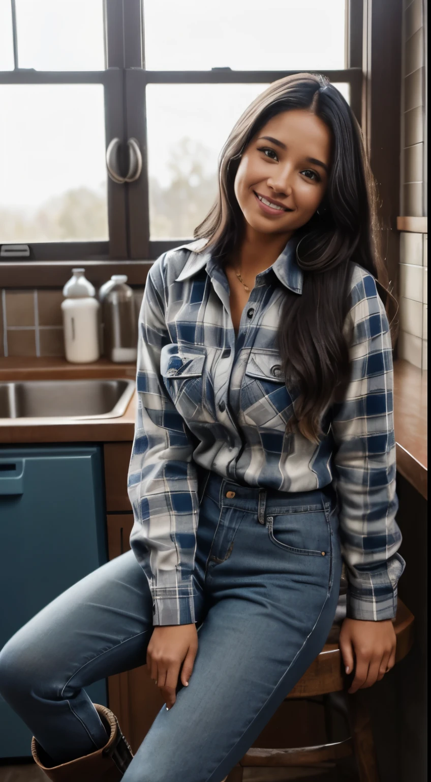 Foto hiperrealista en primer plano de Kelsey Asbille (native American ((light dark skin))) wearing dirty cloths (blue buttoned plaid flannel shirt:1.1) and (blue pants:1.1), (boots:1.2), ranch house interior, kitchen, cinematic light, beautiful woman, skinny, large big breasts, black long hair, detailed face, smile, facing the camera, photo taken from a distance, age of 25 years old, camera filter on pastel gray colors,, grey filter on camera, railing day, moody, she is so dirty, has dirty hands and face