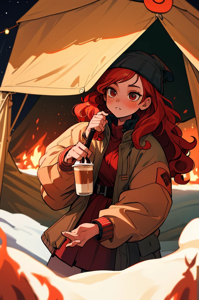 (highest quality, masterpiece), 1 girl, beanie, Jacket, winter, curly hair, wavy hair, tent, hot coffee, bonfire, redhead, 