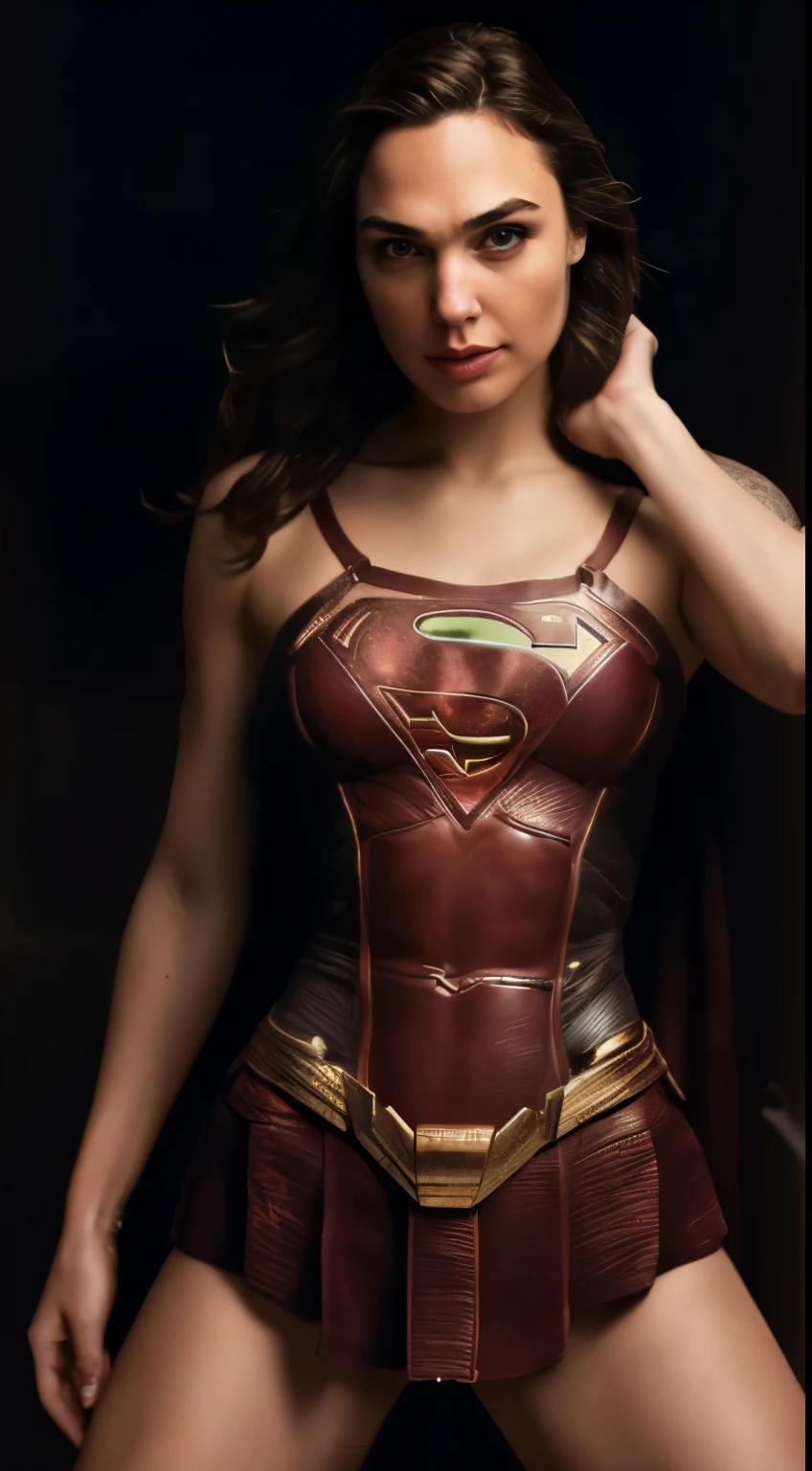 ( photograph of Gal Gadot  as supergirl  (random photo , full body photograph, insanely detailed skin texture, ultra realistic texture)  ) :( tall woman, no makeup  , lots of tattoos on her body ,brown hair , tattooed woman , angry face , tall woman: ,hot sexy woman ) ( correct hands, correct fingers (hyper photorealistic ), 85mm, 100mm lens, f/1.8 )