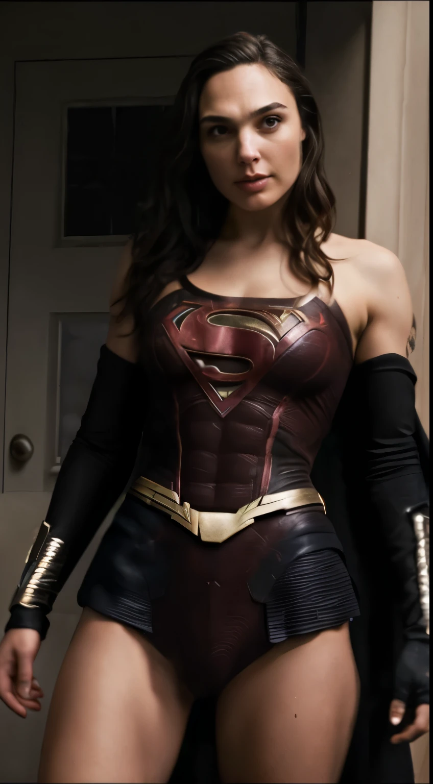 ( photograph of Gal Gadot  as supergirl  (random photo , full body photograph, insanely detailed skin texture, ultra realistic texture)  ) :( tall woman, no makeup  , lots of tattoos on her body ,brown hair , tattooed woman , angry face , tall woman: ,hot sexy woman ) ( correct hands, correct fingers (hyper photorealistic ), 85mm, 100mm lens, f/1.8 )