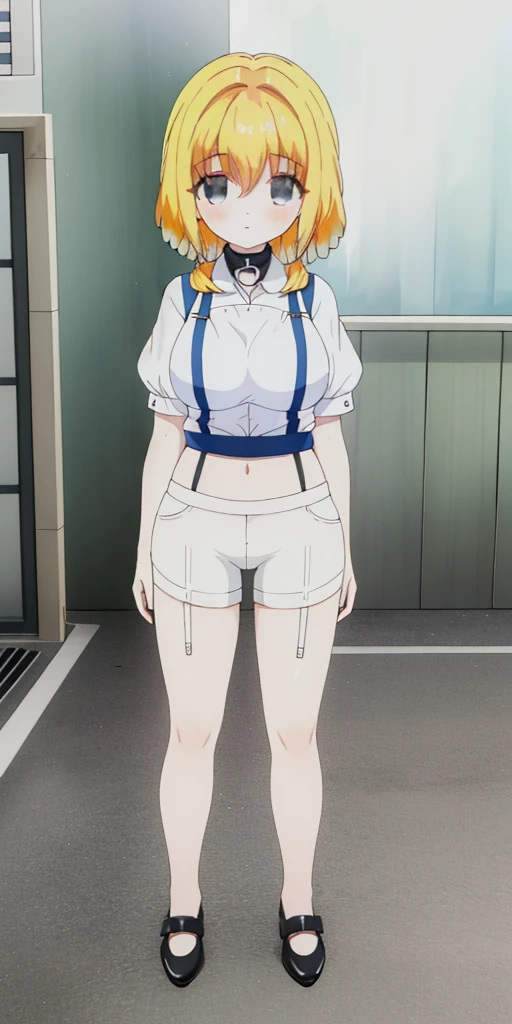((masterpiece、top-quality)), 1girl in, ((full body Esbian、Standing picture)), cute young woman, Colored hair, white shirt, shortpants, Black garter belt、(white backgrounid)