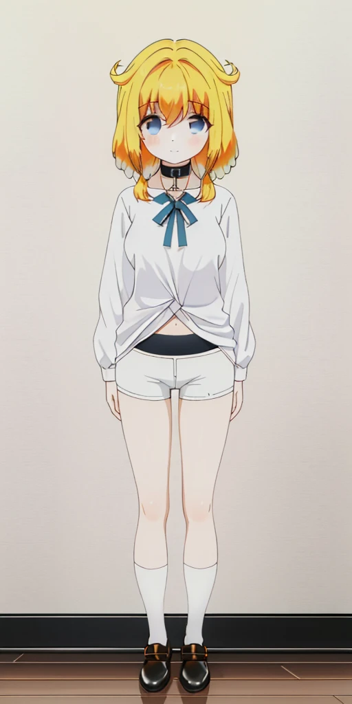 ((​masterpiece、top-quality)), 1girl in, ((full body Esbian、Standing picture)), cute young woman, Colored hair, white  shirt, shortpants, Black garter belt、(white backgrounid)
