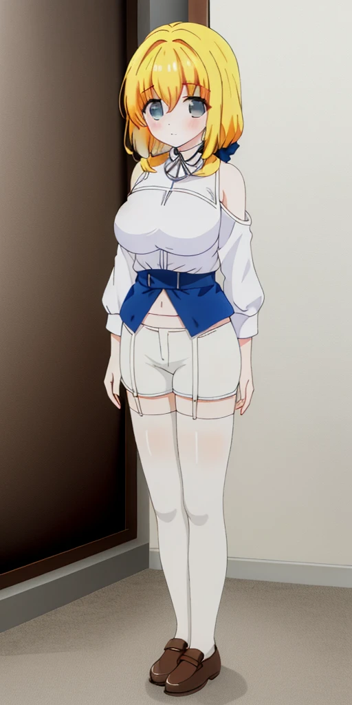 ((​masterpiece、top-quality)), 1girl in, ((full body Esbian、Standing picture)), cute young woman, Colored hair, white  shirt, shortpants, Black garter belt、(white backgrounid)