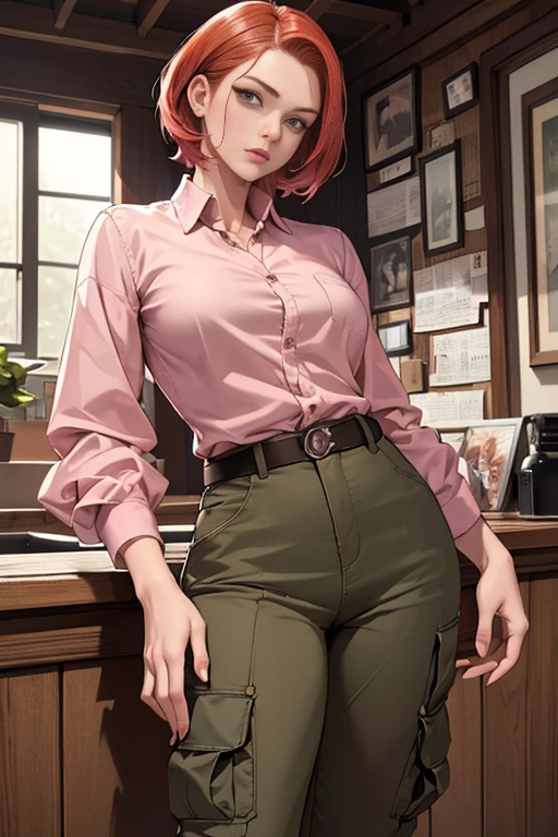 ((best quality)), ((masterpiece)), (detailed),High quality, Ultra detailed, best quality, insanely detailed, beautiful, masterpiece,
20s,Woman in pink,redhead,woman,short hair,shirt,cargo pants,