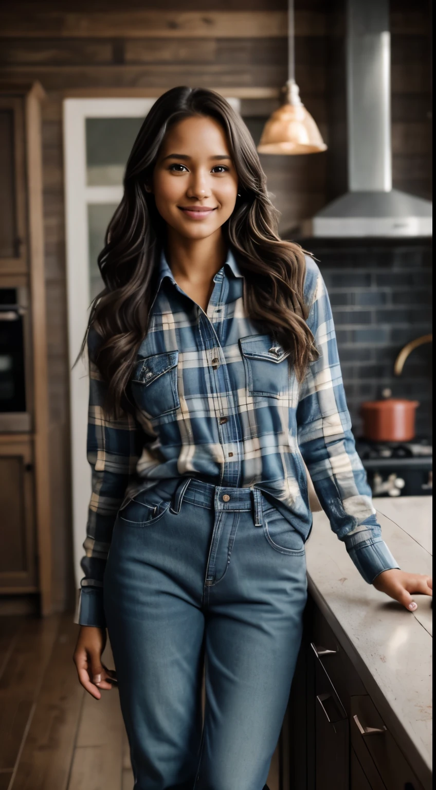 Foto hiperrealista en primer plano de Kelsey Asbille (native American ((light dark skin))) wearing dirty cloths (blue buttoned plaid flannel shirt:1.1) and (blue pants:1.1), (boots:1.2), ranch house interior, kitchen,  cinematic light, beautiful woman, skinny, large big breasts, black long hair, detailed face, smile, facing the camera, photo taken from a distance, age of 25 years old, camera filter on pastel gray colors,, grey filter on camera, railing day, moody, she is so dirty, has dirty hands and face