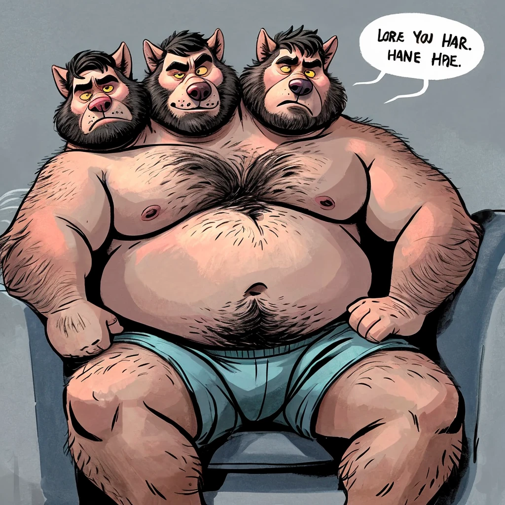 solo, (three headed wolf), adult male, hairy, detailed eyes, by dramamine, by disney, by pixar, (identical:1.9), obese, gray background, shirtless, boxers, navel, speech bubbles:1.5, correct hands, ultradetailed, natural pose, ((tired, annoyed, frowning, eye contact)), beard, sitting on couch, yellow eyes, (lifting leg:1.1)