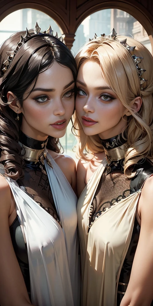 two women in dresses standing next to each other in front of a tv, pov, two girls, annoying sister vibes, lesbians, cute girls, gen z, looking this way, pov shot, two models in the frame, sisters, hd, they are very serious, lesbian, multiple, 2 sisters look into the mirror, serious faces, photo shoot, kissing each other in mouth, tongue, saliva, smirking lustful smile, girlfriends kiss, love, steam
