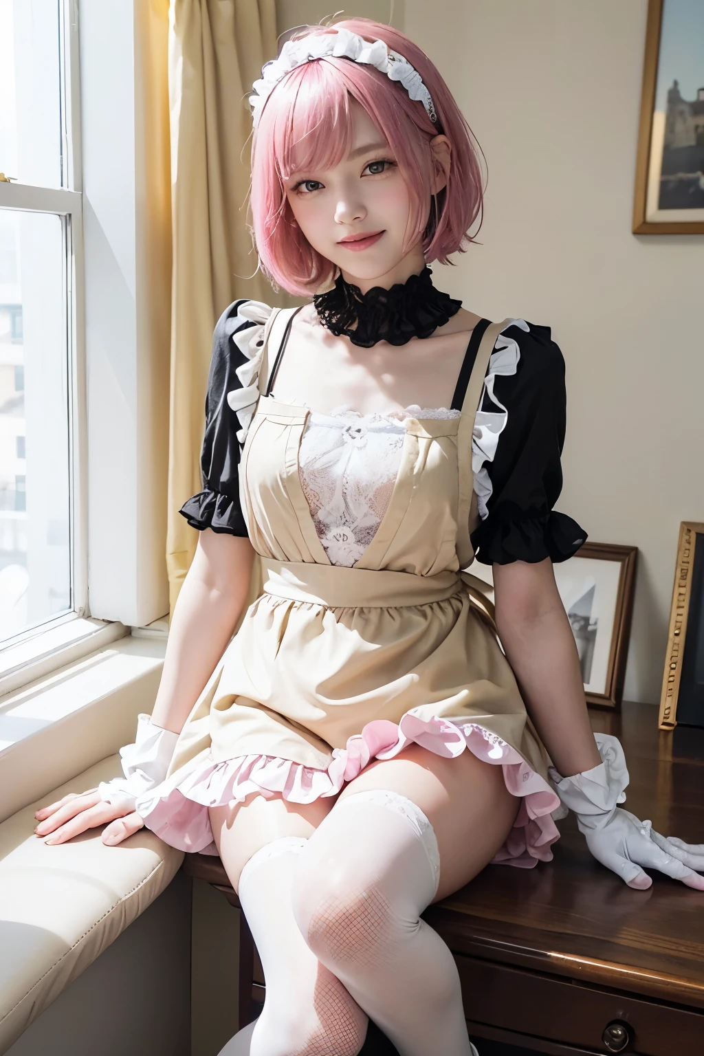 (8K, top-quality, masterpiece:1,2), (reallistic, Photorealsitic:1.37), Super Detail, One girl,), (Highly detailed), (beautifully detailed eyes), (of the highest quality), (super detailed ), (masterpiece), (Detailed face),20yr old, ,1 girl, ((pink hair,Very short hair)), medium breasts, clothed, Perfect Lighting, BREAK (yellow apron dress with frills:1.3), (black miniskirt:1.2), (white lace camisole:1.2), (A-line silhouette:1.2), (small ribbon on the chest:1.4), (white lace on the hem:1.4), (black Shiny, tight and a little thick socks:1.2), (black loafers:1.2), (black headband:1.3), (white gloves:1.3), BREAK bangs parted to the sides, right bangs covering eye, left ear tucked behind hair, black headband, smiling at the camera, eyes sparkling, mouth slightly open, right hand crossed in front of chest, left elbow bent with palm facing up, showing white gloves, right leg slightly forward with knee bent inward, skirt frills flaring, bright pink wall with white polka dots, white framed photos and paintings on the wall, white carpet, small table and chair, natural light from window on the right, soft light on face and hair, contrast between bright and dark colors