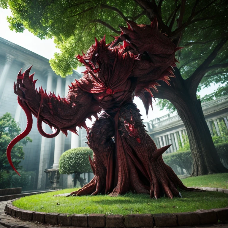 monster,tentacle,scale,bat wings,Bulk,monster,evil God,eyeball,magic book,cane,red eyes,Bark,Blood vessel,quadrupedal walking,to be born々new,evil,core,Lots of mouths,teeth,sharp nails, negative aura,spines,Tree roots,wood monster,Trees are growing,