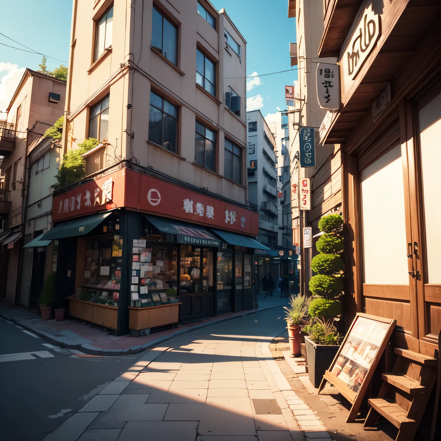 anime city street scene with a stairway leading to a restaurant, anime background art, anime style cityscape, colorful anime movie background, beautiful anime scenery, beautiful anime scene, anime scenery, anime art wallpaper 8 k, tokyo anime scene, anime art wallpaper 4k, anime art wallpaper 4 k, anime scenery concept art, hd anime cityscape, anime background, japanese shop signs, plant pots. trees