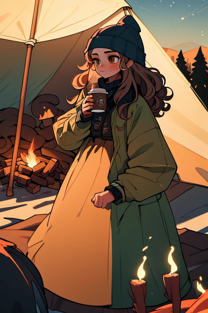 (highest quality, masterpiece), 1 girl, beanie, Jacket, winter, curly hair, wavy hair, tent, hot coffee, bonfire