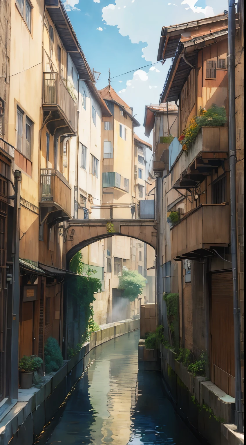 ((masterpiece)),((best quality)),((high detial)),((anime))
Industrial age city, deep canyons in the middle, architectural streets, bazaars, Bridges, rainy days, steampunk, European architecture