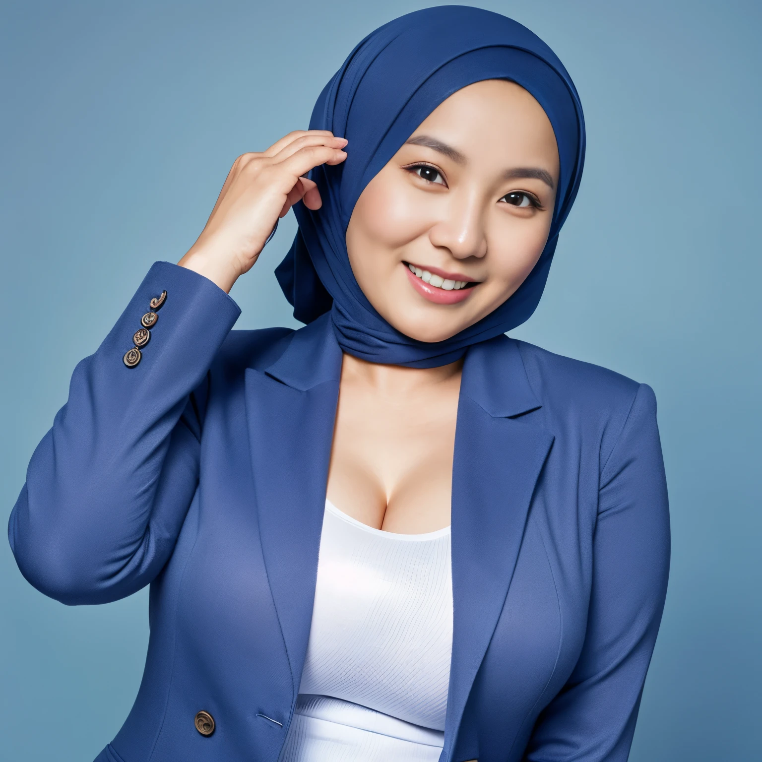 48 Years old, matured Indonesian woman in hijab wearing Unbuttoned Blazer, portrait photography, mid shot photo, ultra detail, professional photograph with professional lighting, smile, light blue studio background, curvy body, (Huge Tits