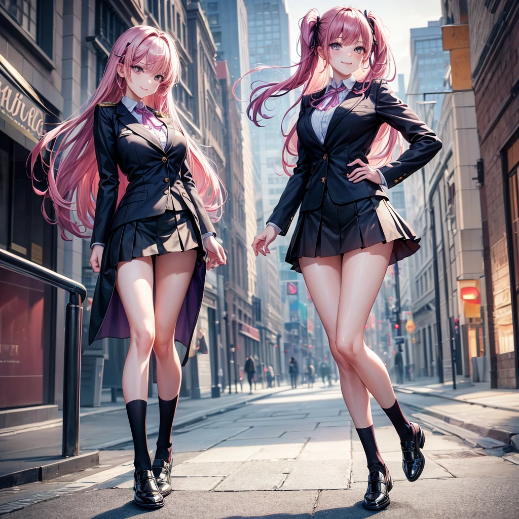 (best quality,8K,highres,masterpiece:1.2), 2girls, one with her back turned, wearing a cardigan, smiling, alluring girl, black blazer, school uniform, loose socks, beautiful girl, hyper-realistic, captivating, long hair, pink hair, busty, purple eyes, beautiful girl, perfect face, ribbon on the uniform, surreal, stunning figure, slender legs, beautiful legs.