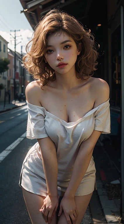 highest quality, masterpiece, ultra high resolution, (realistic: 1.4), Sexy Pictures, 1 Girl's Light Curly Blonde Hair, sexy mouth,Big breasts that catch the eye at the neckline, with necklineopencordless, off shoulder, cinematic lighting,(highest quality, 8K, 32K, masterpiece, UHD: 1.2), Photo of beautiful American woman wearing glasses and earrings, Long matte blonde hair, beautiful face, (leaning forward: 1.3), squat, (superior: 1.2), (close: 1.4), throw, loose t-shirt, big breasts, (Beautiful nipple slides: 0.9), outdoor, the wind is strong, shiny skin, blurred background,