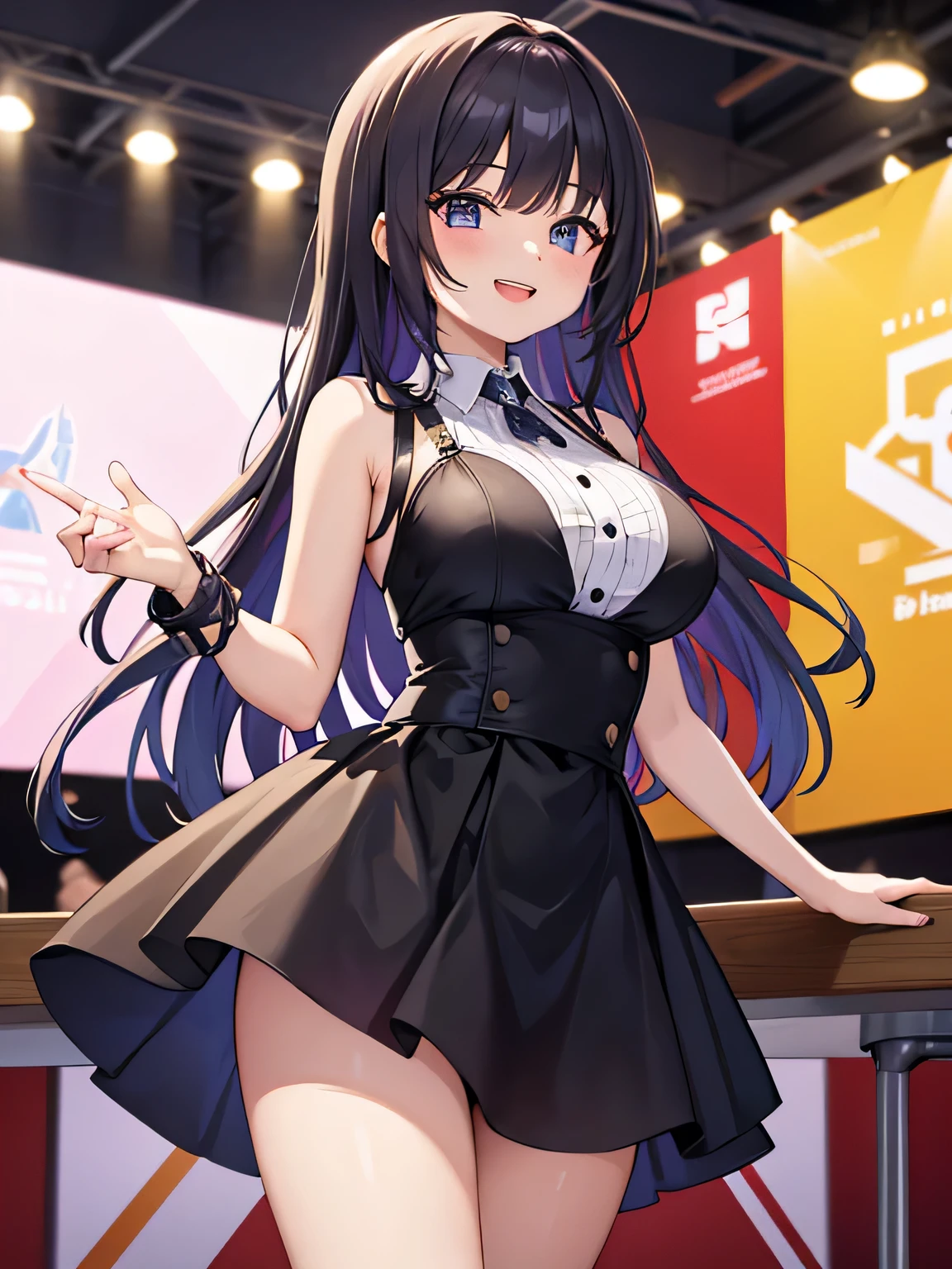 (1) A woman stands in front of a long table with her hands out in front of her。.
(2) The woman is an idol and wears a gorgeous costume with a miniskirt..
(3) The woman is smiling broadly.
(4) The location is the convention hall.