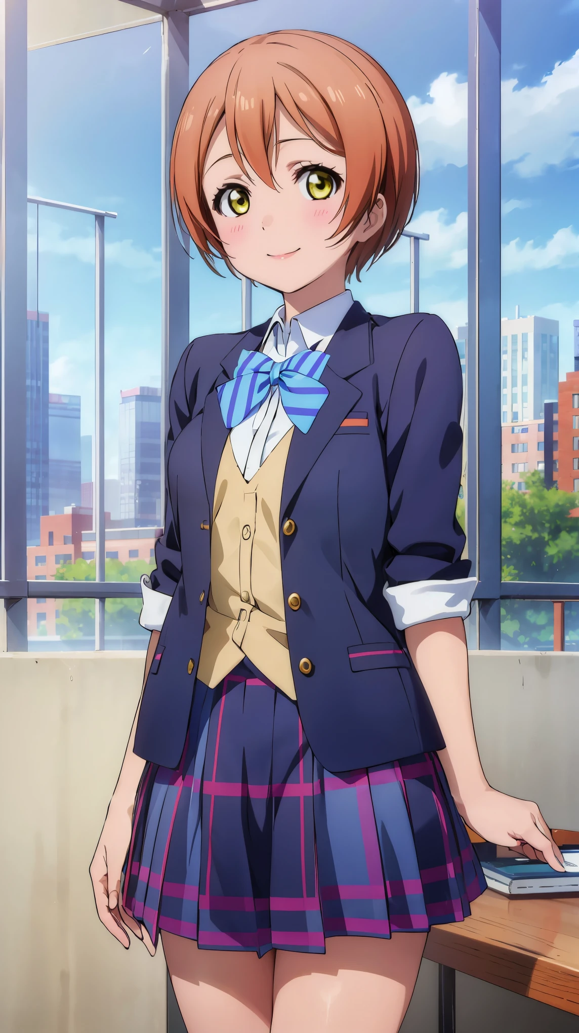 (((pixel-perfect, detail-perfect))), solo, 1girl, rin hoshizora, school uniform, looking at viewer, smile