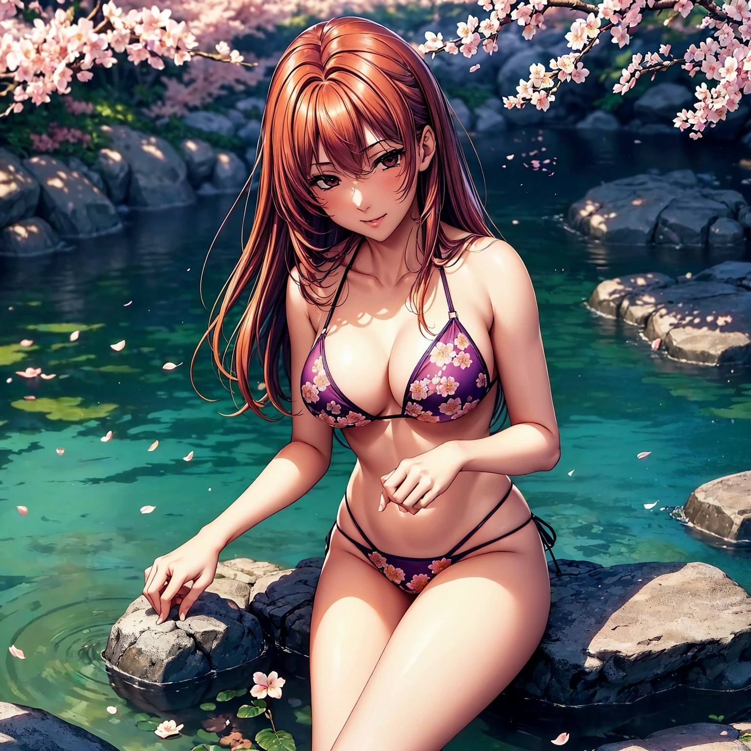 (((highest quality、masterpiece、very high resolution、highly detailed images、detailed details)))、(A woman of perfect and ultimate beauty:18-year-old, beautiful body、beautiful face、beautiful hair,bright smile)、(Slender and beautiful body, best skin and hair texture,red hair,purple hair,brown hair)、((beautiful bikini:Colorful with floral patterns,shoulders are exposed,I can see my thighs)),(Fantastic waterside,There is a waterfall,Night cherry blossoms and lanterns,mysterious night sky,natural light,beautiful scenery,beautiful scenery),(water play,beautiful pose,model shoot,Hair flutters under the influence of the wind),bijinga,realistic portrait,Overall image、accurate image、accurate anatomy、Image without defects,(best shot,RAW photo:1.2)
