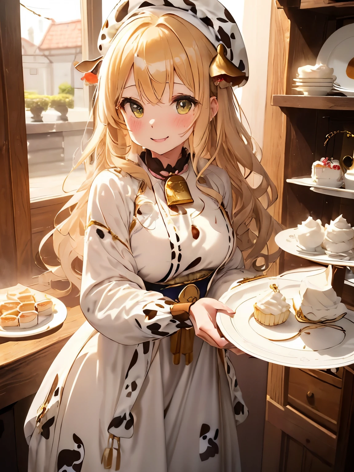 ((golden hair)),((green eyes)),((long hair with curls)),((With bangs)),((fashion//Traditional and sexy clothes、cow pattern costume、cowbell necklace:1.3)),((Cute and moving around energetically)),((A lot of sweets:1.35)),(blush),((Smile slightly:1.2)),(close up of face:1.0),((whipped cream or cream puffs)),(NSFW),((small breasts:1.2)),((drooping eyes:1.3)),((Traditional hat:1.2)),((holding a plate with milk or cream on it:1.3))