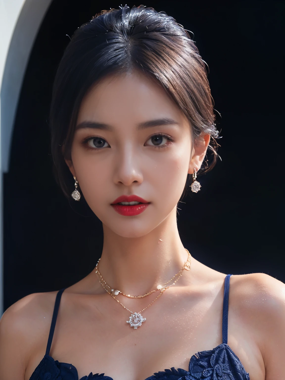 ((face body shoot), Realism, , Rim Lights, Rim Lighting, Rim Light, Natural Lighting, Sunlight, Volumetric Lighting, Volumetric Light, Volumetric, ((high quality:1.2, masterpiece:1.2)), absurdres, high resolution, (8k resolution), 8k, 8kres, 8k res, high details, detailed and intricate, intricate details, high intricate details, absurd amount of details, ((looking at viewer)), detailed face, perfect eye, 1girl, solo, fashi-girl, mature girl, cute, sweet, a girl wearing kebaya, purple kebaya, red lips, perfect breasts, diamond necklace, diamond earring, real textured skin, no sexy, navy blue wall