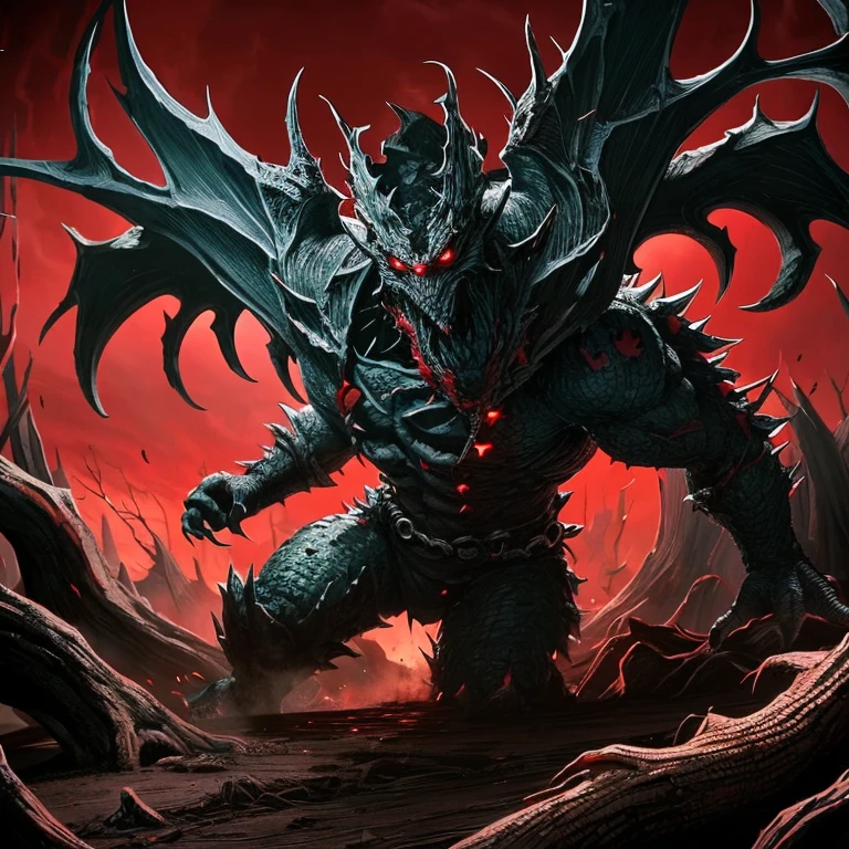 monster,tentacle,scale,bat wings,Bulk,monster,evil God,eyeball,magic book,cane,red eyes,Bark,Blood vessel,quadrupedal walking,to be born々new,evil,core,Lots of mouths,teeth,sharp nails, negative aura,spines,Tree roots,wood monster,Trees are growing,