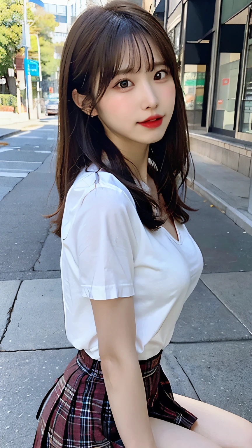 NSFW, 8K RAW photo, highest quality, masterpiece, ultra high resolution, film grain, movie, 1 girl, looking at the viewer, natural skin texture, Realistic eye and face details, full lips, lipstick, (compensate), red eyeshadow, random hairstyle、dark smile, close your mouth, beautiful feet,  skinny, slim_feet, alone, cleavage, pose with your butt facing yourself, super short skirt, teeth, shirt, beautiful natural location, Around Hanaba, (detailed background), Plaid skirt, white shirt, Show a little cleavage through the shirt, loafers, blurry background, blurry, holding, Plaid, short sleeve, JK ribbon on the neck, JK ribbon, brown hair, bangs, school uniform, jewelry, parted lips, lips, From the side, pleated skirt, 