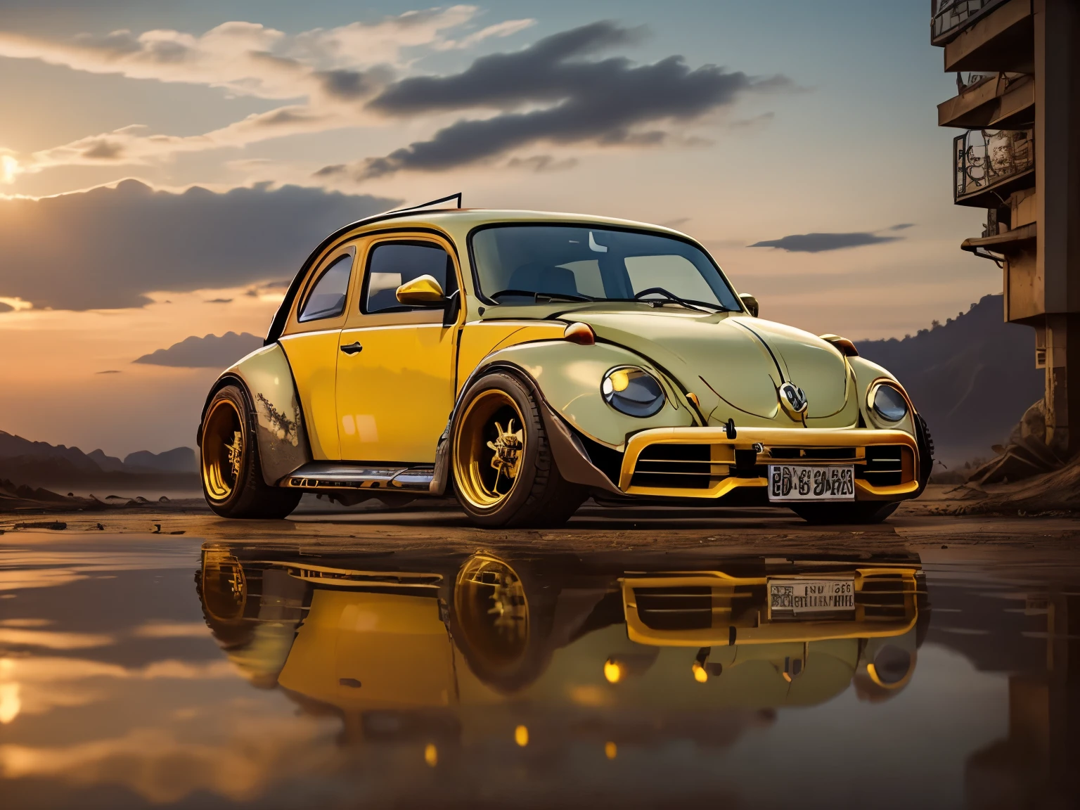 Yellow VW Beetle, golden hour, yellow lighting, post-apocalyptic sunset at the end of the world. cinematic.