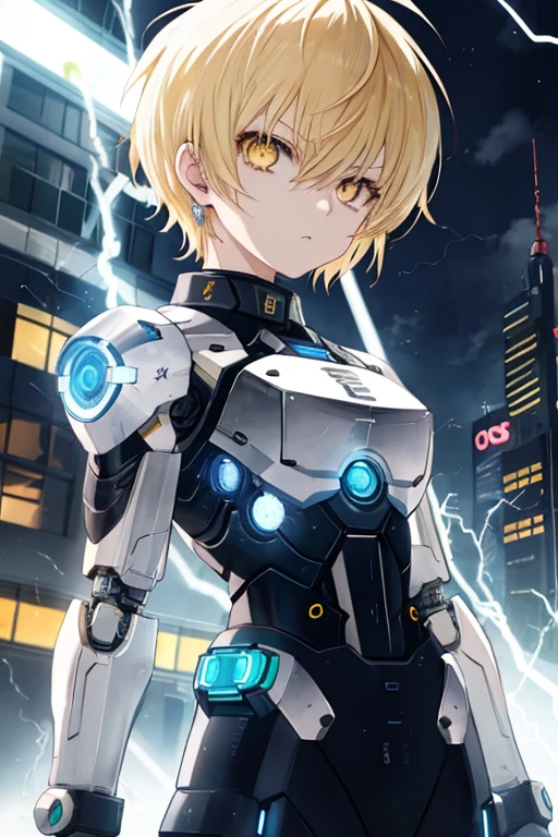 genos, anime, one punch, 1girl, female focus, solo, (electricity), shirt, yellow eyes, blonde hair, short hair, tomboy, colored sclera, looking at viewer, cyborg, serious, best quality, large breats,
