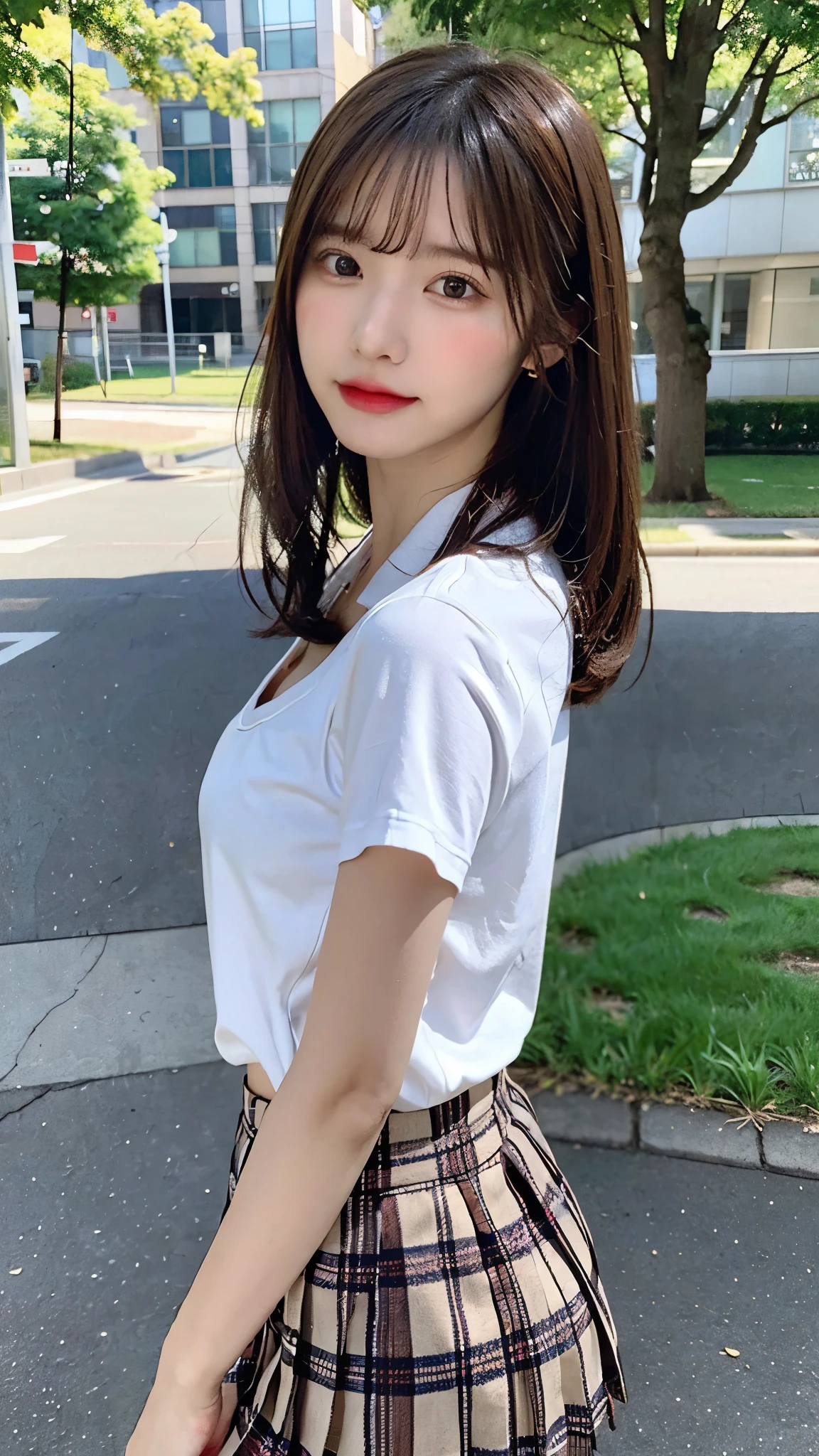 NSFW, 8K RAW photo, highest quality, masterpiece, ultra high resolution, film grain, movie, 1 girl, looking at the viewer, natural skin texture, Realistic eye and face details, full lips, lipstick, (compensate), red eyeshadow, random hairstyle、dark smile, close your mouth, beautiful feet,  skinny, slim_feet, alone, big 、 cleavage, pose with your butt facing yourself, super short skirt, teeth, shirt, beautiful natural location, Around Hanaba, (detailed background), Plaid skirt, white shirt, Show a little cleavage through the shirt, loafers, blurry background, blurry, holding, Plaid, short sleeve, JK ribbon on the neck, JK ribbon, brown hair, bangs, school uniform, jewelry, parted lips, lips, From the side, pleated skirt, written boundary depth