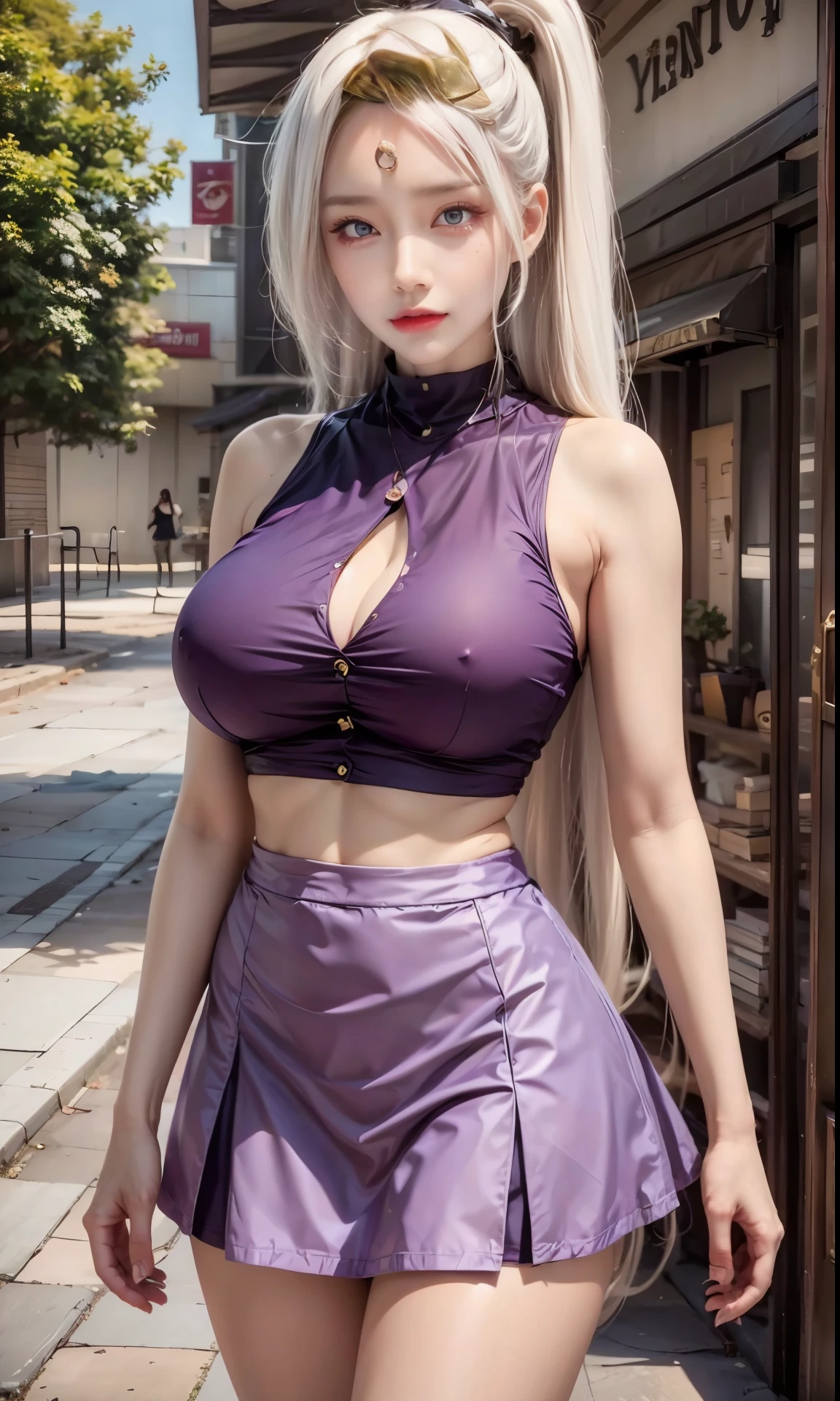 realistic, 1 women, best quality, 12k, HD, long hair, big round breasts, cleavage, ponytail, necklace, jewelry, shorts, short jacket, slim hips, hair tie, yellow eyes, black hair, super detailed, Eye details, hair details, person details, mouth details, face details, breast details, clothes details, hair details, pants details, hand details, whole body