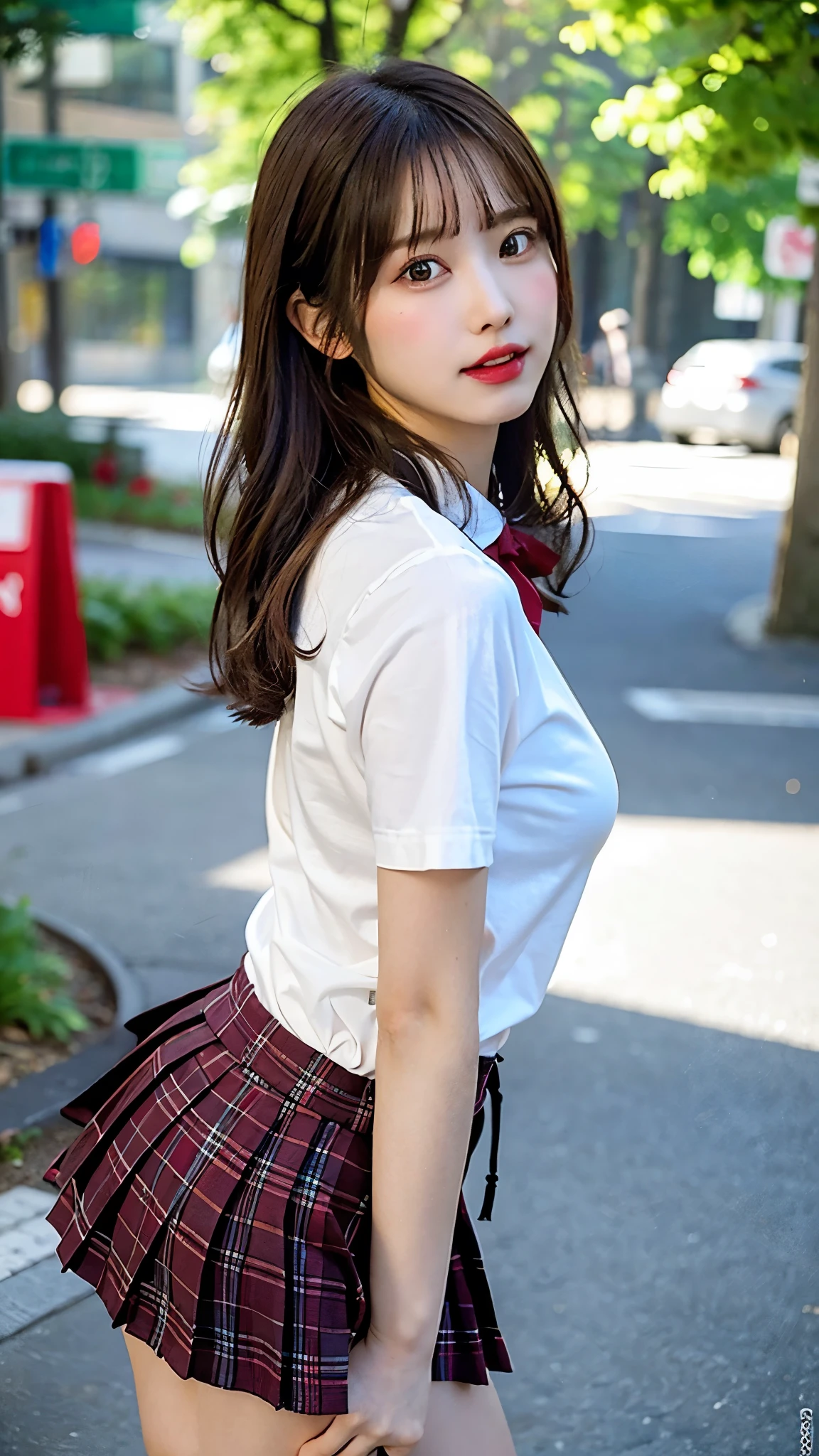 NSFW, 8K RAW photo, highest quality, masterpiece, ultra high resolution, film grain, movie, 1 girl, looking at the viewer, natural skin texture, Realistic eye and face details, full lips, lipstick, (compensate), red eyeshadow, random hairstyle、dark smile, close your mouth, beautiful feet, skinny, slim_feet, alone, big 、 cleavage, pose with your butt facing yourself, super short skirt, teeth, shirt, beautiful natural location, Around Hanaba, (detailed background), Plaid skirt, white shirt, Show a little cleavage through the shirt, loafers, blurry background, blurry, holding, Plaid, short sleeve, JK ribbon on the neck, JK ribbon, brown hair, bangs, school uniform, jewelry, parted lips, lips, From the side, pleated skirt, written boundary depth