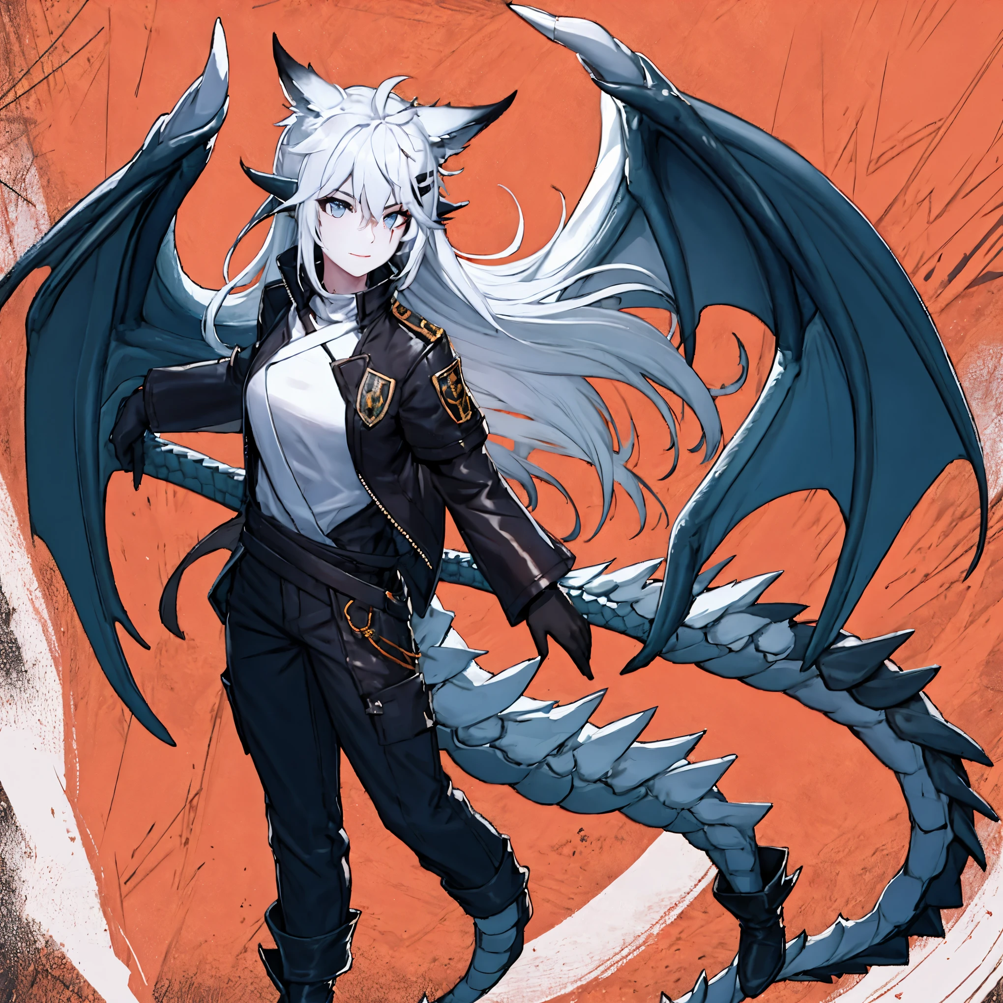 masterpiece, shoulder length white hair, female,2 white fox ears, teenage girl, body,, white scale dragon tail, military boots,black leggings, military combat pants, white T-shirt, white jacket, medium size chest, detailed blue eyes,solo female,1 dragon tail, tomboyish, thick dragon tail, white scales, 2 dragon wings, white fluffy wings