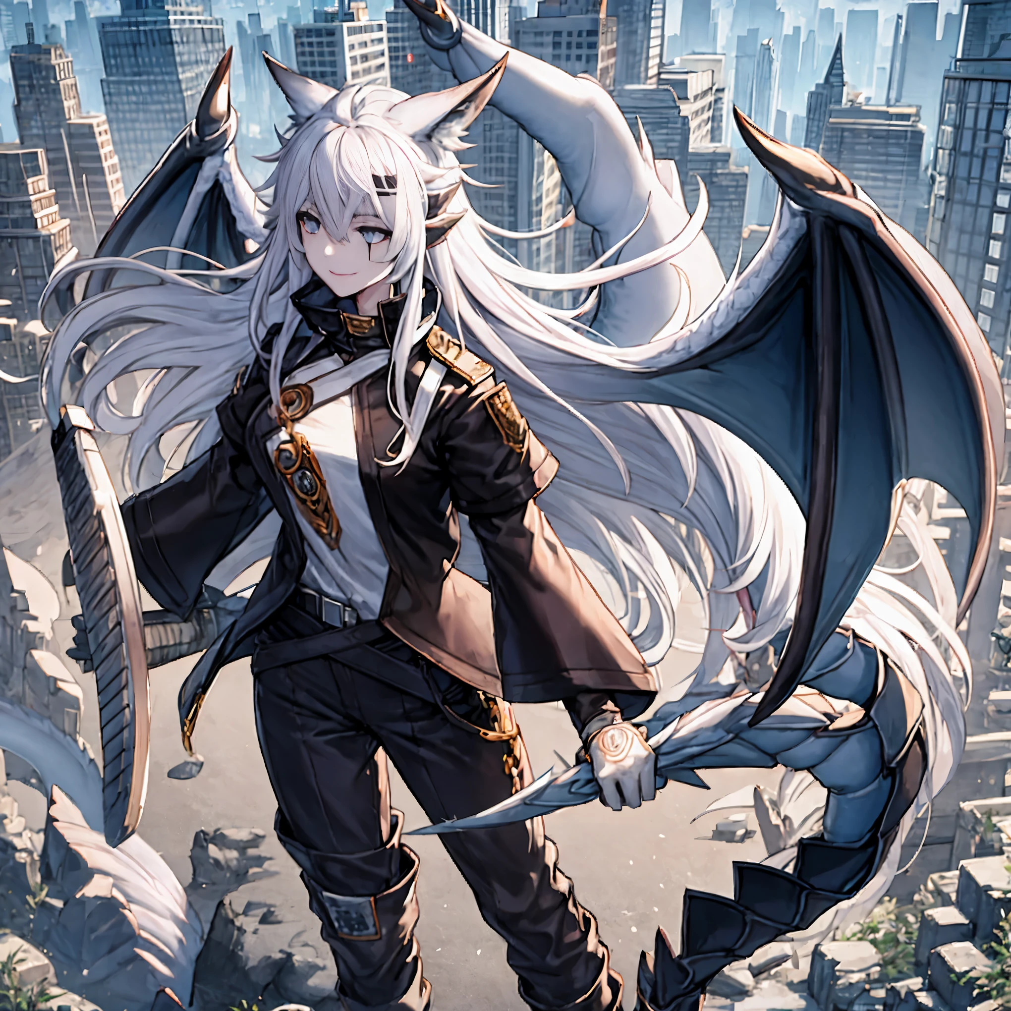 masterpiece, shoulder length white hair, female,2 white fox ears, age girl, body,, white scale dragon tail, military boots,black leggings, military combat pants, white T-shirt, white jacket, medium size chest, detailed blue eyes,solo female,1 dragon tail, tomboyish, thick dragon tail, white scales, 2 dragon wings, white fluffy wings