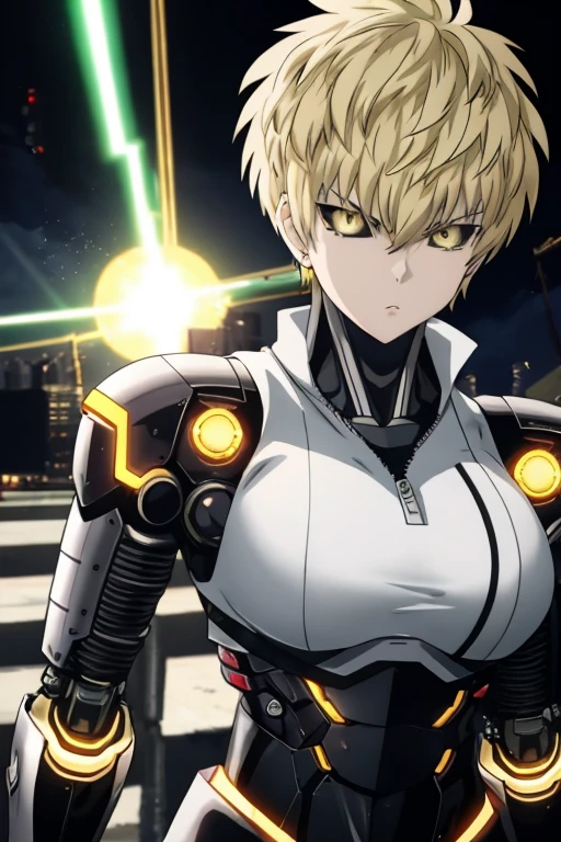 genos, anime, one punch, 1girl, female focus, solo, (electricity), shirt, yellow eyes, blonde hair, short hair, tomboy, colored sclera, looking at viewer, cyborg, serious, best quality, large breasts,